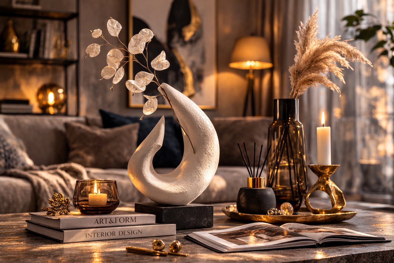 стеклянная ваза необычной формы на столе — деталь композиции